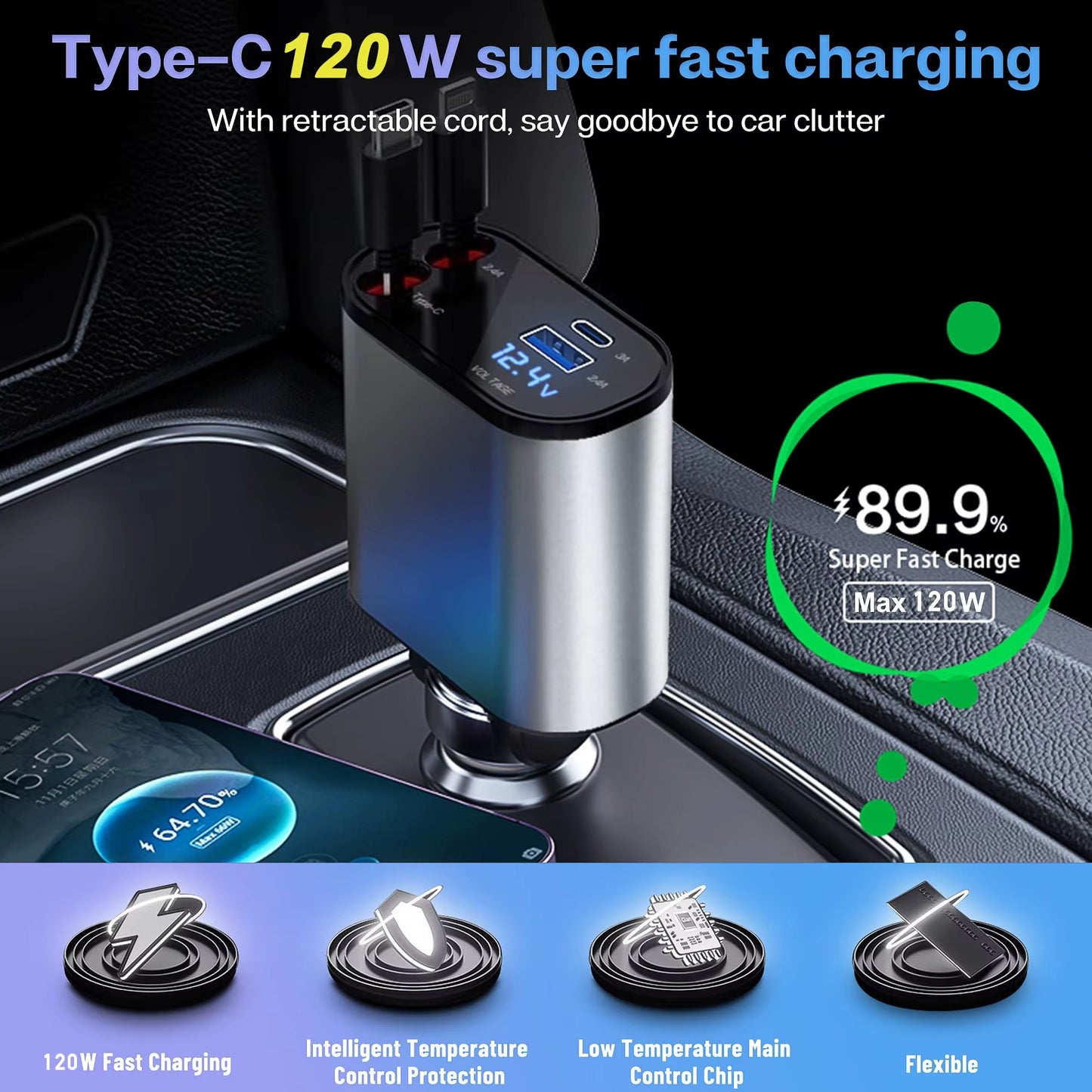 🚗🔌 Cargador de Coche Retráctil 4 en 1 de Carga Rápida – USB + Tipo C + Encendedor