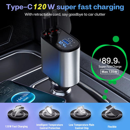 🚗🔌 Cargador de Coche Retráctil 4 en 1 de Carga Rápida – USB + Tipo C + Encendedor