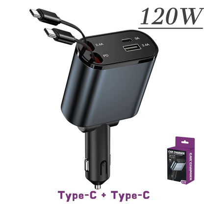 🚗🔌 Cargador de Coche Retráctil 4 en 1 de Carga Rápida – USB + Tipo C + Encendedor